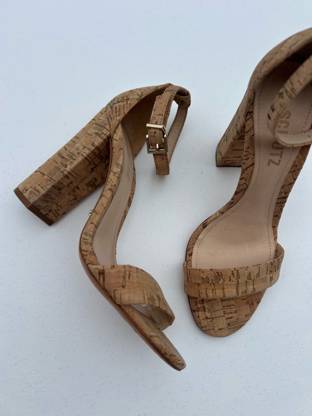 SCHUTZ Cork Ankle-Strap Block Heels in Natural Cork - Picture 10 of 10